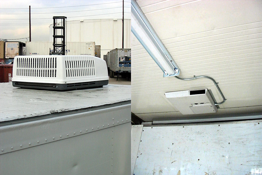 Top-mounted air conditioning unit for shipping containers. Internal and external shots.