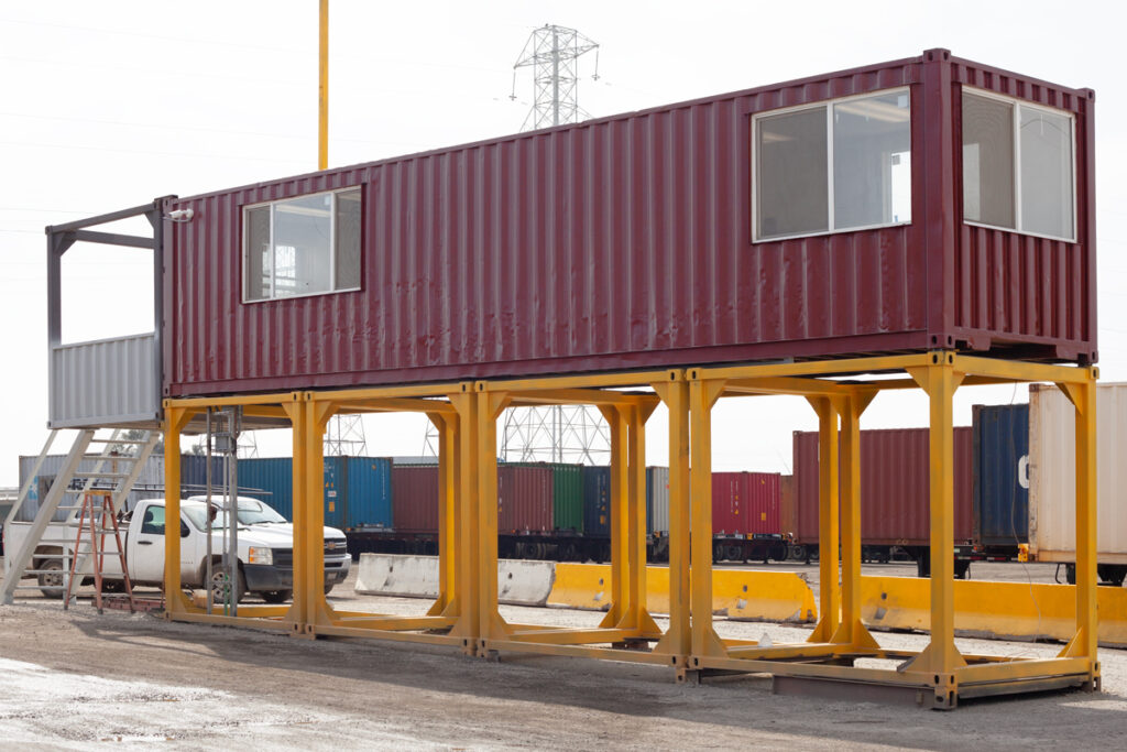 40-foot shipping container modified for an elevated security office. 