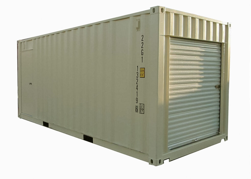 Modified shipping container with a roll-up end door