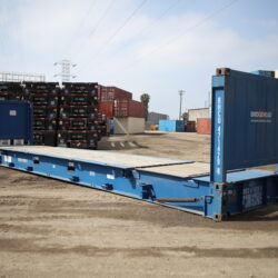 40-foot flat-rack shipping container, viewed from a side, front angle