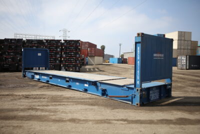 40-foot flat-rack shipping container, viewed from a side, front angle