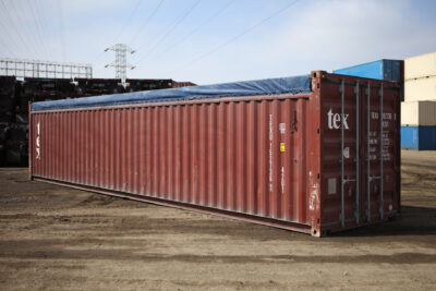 40-foot open-top shipping container, viewed from a side, front angle