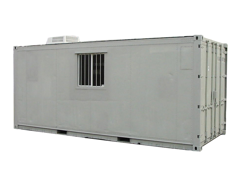 Modified shipping container with a sliding window and security bars installed